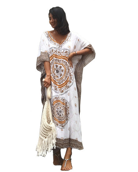 Rayon Positioning Floral Loose Long Beach Cover-up Robe Dress Vacation Clothes Bella Mia